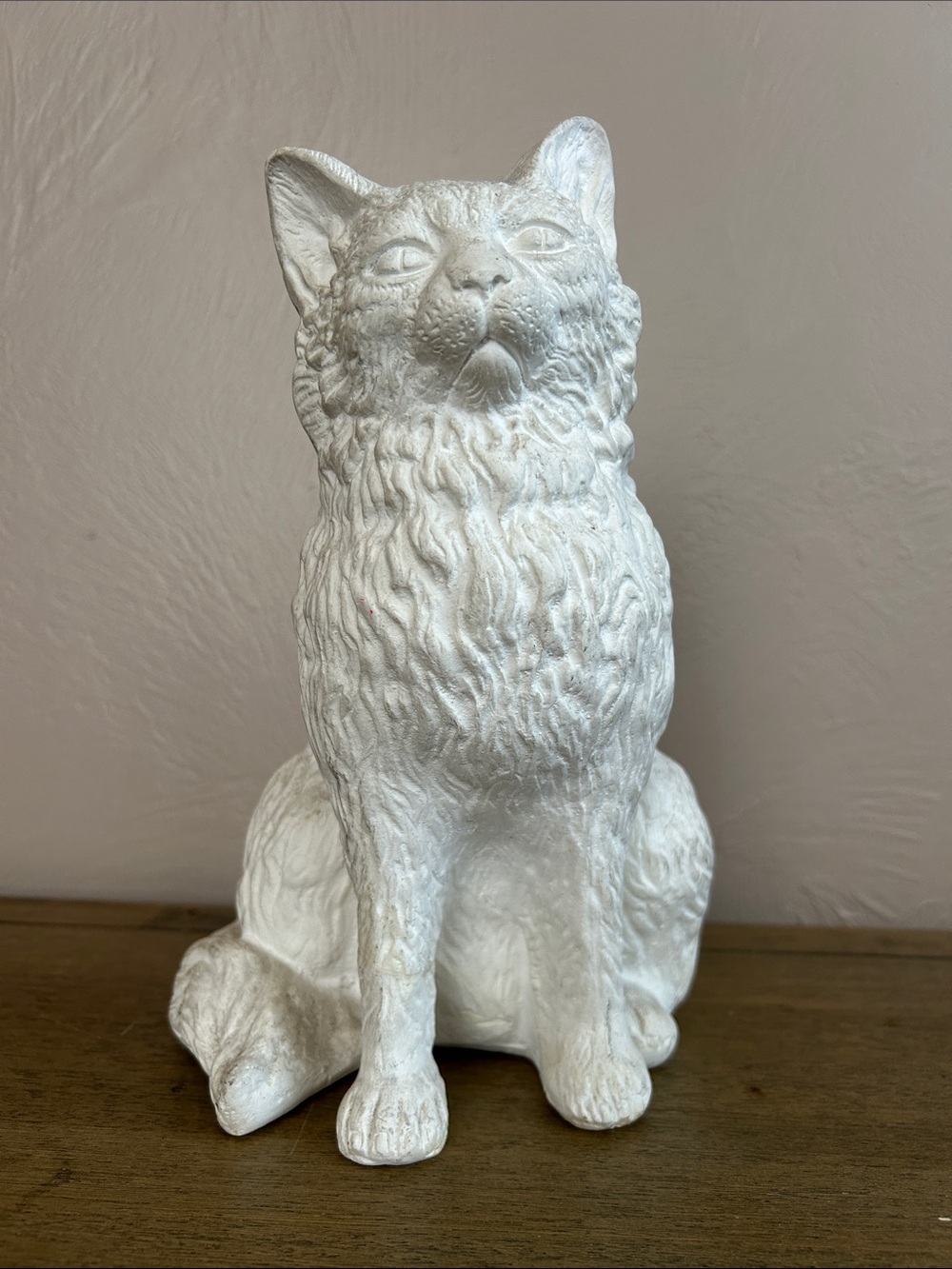 White Unpainted Handmade Life Size Plaster Decorative Sitting Long Hair Cat.